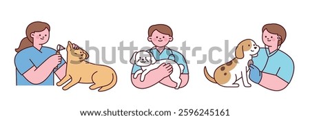 Cute veterinary illustration featuring veterinarians taking care of dogs. Includes pet checkups, vaccinations, and caring moments in a simple cartoon style.