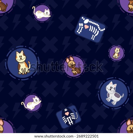Cute Veterinary Pattern with Cats, Bunnies, and X-Ray Illustrations