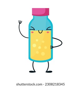 Vial curado con mezcla amarilla con cara sonriente y vectores de brazos Ilustración