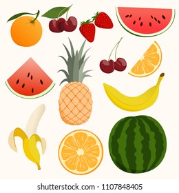 Cute vibrant color fruits vector collections. A set of fruits: watermelon, banana, orange, cherry, strawberries, pineapple, orange.