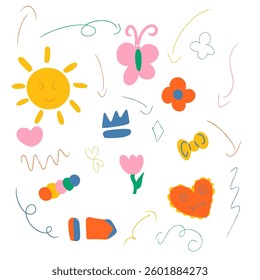 Cute vibrant color shape design. Collection of hand drawn doodle shapes perfect for crafting.