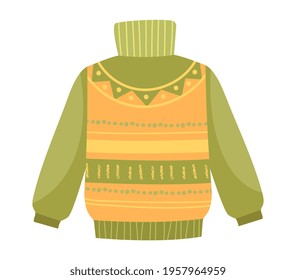 Cute vibrant elegant green and yellow sweater. Comfortable warm bright clothing piece with designer print suitable for men and women. Flat cartoon vector illustration isolated on white background