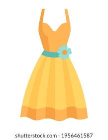 Cute vibrant elegant yellow dress for special occasions. Comfortable bright clothing piece with designer flower belt suitable for women. Flat cartoon vector illustration isolated on white background