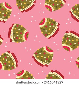 Cute vibrant hand drawn sweater with winter decoration and pom-poms seamless pattern. Colorful holiday vector illustration on pink background. Vibrant repeat design. 