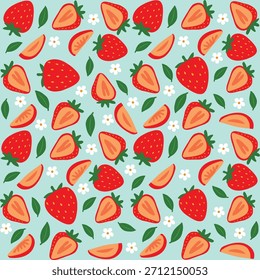 Un patrón de fresa sin costuras lindo y vibrante con fresas enteras, fresas en rodajas, hojas verdes y Pequeñas flores blancas dispuestas sobre un fondo azul claro suave. Tema de fruta dulce