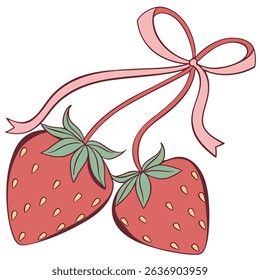 Cute and vibrant strawberry design featuring two strawberries tied with a pink ribbon. Perfect for summer wear, this fun graphic adds a touch of sweetness to any outfit.