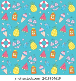 cute vibrant summer seamless pattern hand draw with summer elements, textiles, clothing, wrapping paper, cover, banner, home decor, abstract backgrounds vector illustration