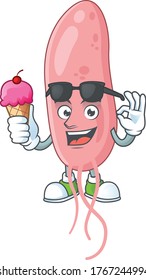 Cute vibrio cholerae cartoon character enjoying an ice cream. Vector illustration