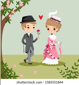 cute Victorian couple cartoon in love each other for Valentine 's Day