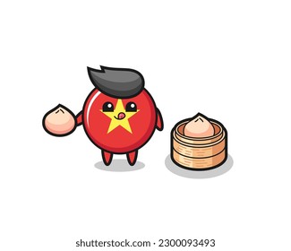 cute vietnam flag badge character eating steamed buns , cute style design for t shirt, sticker, logo element