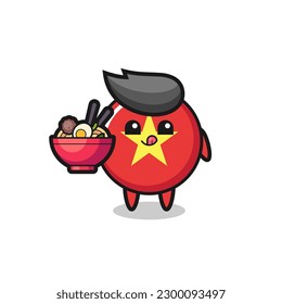 cute vietnam flag badge character eating noodles , cute style design for t shirt, sticker, logo element
