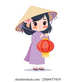 Cute Vietnamese Girl in Ao Dai and Conical Hat Holding a Lantern Vector Illustration for Mid-Autumn Festival, Asian Culture, and Traditional Celebrations