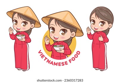 Cute Vietnamese girl wearing traditional dress and conical hat, holding a bowl of Pho soup. Vietnamese food illustration.