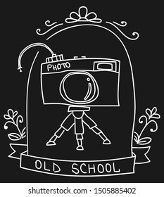 Cute vignette with old camera in sketch. Old school. Vector