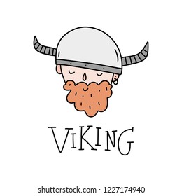 Cute viking cartoon character, scandinavian style. Vector illustration. Can be used for poster and banner, children's book illustration, postcard, gift card, print for t-shirt, sticker, label and