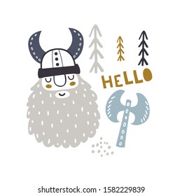 Cute viking character composition in scandinavian style. Vector illustration.Perfect for kids apparel, t-shirt, poster.