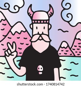 Cute viking character doodle illustration for poster, sticker, background or apparel merchandise.Hand drawn and hipster style.