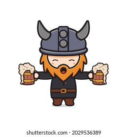 Cute viking holding beer celebrate oktoberfest cartoon icon illustration. Design isolated flat cartoon style