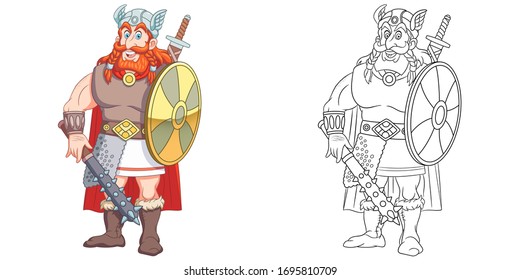 Cute viking, scandinavian or roman warrior. Coloring page and colorful clipart character. Cartoon design for t shirt print, icon, logo, label, patch or sticker. Vector illustration.