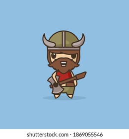 Cute Viking Use Helm Maskot Vector Illustration With Fun, Happy, And Simpel Style. Character Playing Guitar. Color Blue, Brown, Grey, Green, Red, Recomended For Kids Illustration, Cover Book And Other