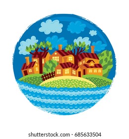 Cute village by the river in the circle. Bright colorful card design in a round shape isolated on white background. Cute vector illustration of cozy little town