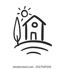 Cute Village Cottage Farmhouse Building Outline House Ícone. Design de logotipo imobiliário. Estilo de Doodle Vintage Ilustração Vetor