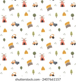 Cute village, farm landscape Seamless Pattern, Cartoon country background, vector Illustration.