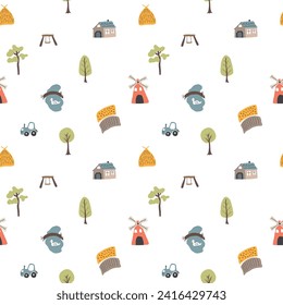 Cute village, farm landscape Seamless Pattern, Cartoon country background, vector Illustration.