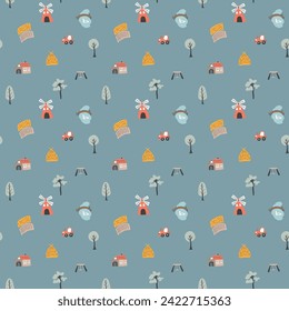 Cute village, farm landscape Seamless Pattern, Cartoon country background, vector Illustration.