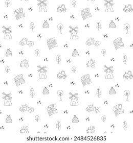Cute village, farm landscape Seamless Pattern, Cartoon country background, vector Illustration.