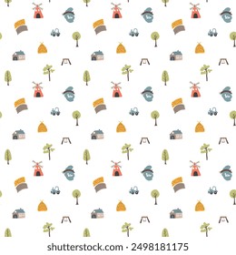 Cute village, farm landscape Seamless Pattern, Cartoon country background, vector Illustration.