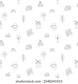 Cute village, farm landscape Seamless Pattern, Cartoon country background, vector Illustration.