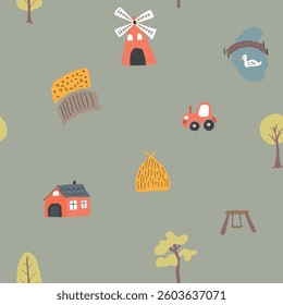 Cute village, farm landscape Seamless Pattern, Cartoon country background, vector Illustration.