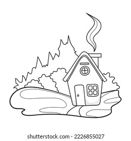 Cute village house on hill and forest landscape. Building in cartoon style. Line art drawing. Hand drawn vector illustration isolated on white background.