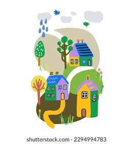 Cute village illustration with houses and trees. Hand drawn vector illustration of a village. 