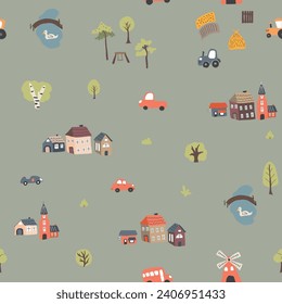 Cute village landscape Seamless Pattern, Cartoon country background, vector Illustration.