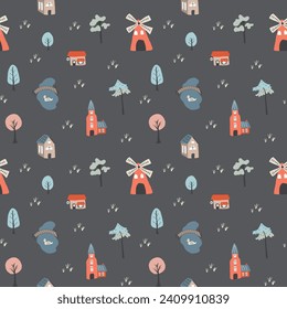 Cute village landscape Seamless Pattern, Cartoon country background, vector Illustration.