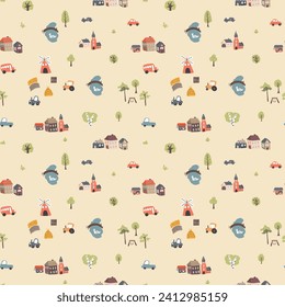 Cute village landscape Seamless Pattern, Cartoon country background, vector Illustration.