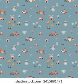 Cute village landscape Seamless Pattern, Cartoon country background, vector Illustration.