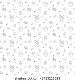 Cute village landscape Seamless Pattern, Cartoon country background, vector Illustration.