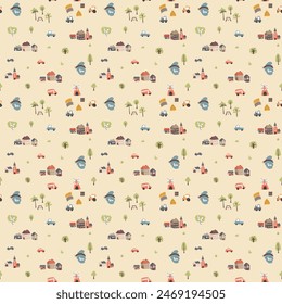 Cute village landscape Seamless Pattern, Cartoon country background, vector Illustration.