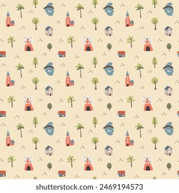 Cute village landscape Seamless Pattern, Cartoon country background, vector Illustration.