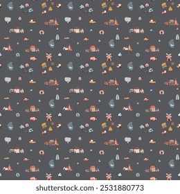 Cute village landscape Seamless Pattern, Cartoon country background, vector Illustration.