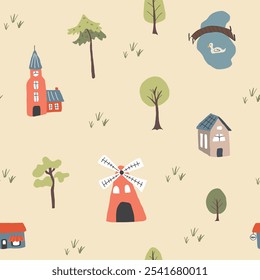 Cute village landscape Seamless Pattern, Cartoon country background, vector Illustration.