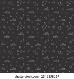 Cute village landscape Seamless Pattern, Cartoon country background, vector Illustration.