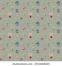 Cute village landscape Seamless Pattern, Cartoon country background, vector Illustration.