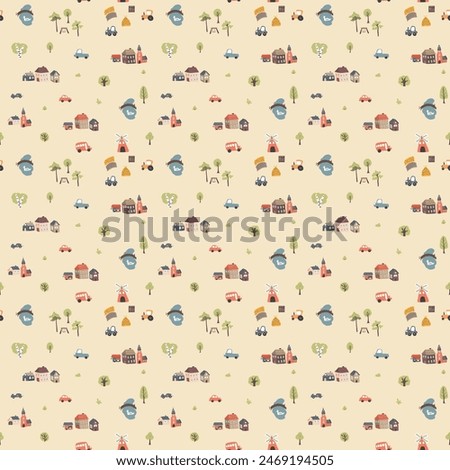 Cute village landscape Seamless Pattern, Cartoon country background, vector Illustration.