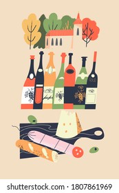 Cute village landscape and traditional food and drinks. Vector illustration.