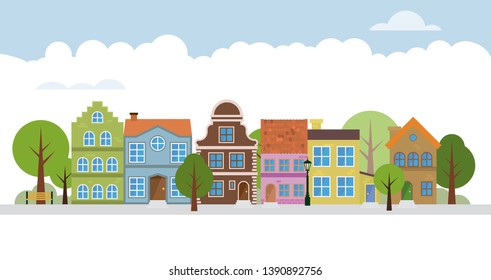 Cute village main street neigborhood vector illustration