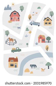 Cute village map with houses and animals. Hand drawn vector illustration of a farm. Town map creator.